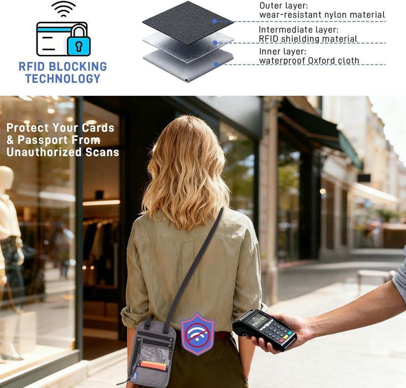 SPOSAFE 2-Pack Large RFID Blocking Passport Holder for Travel, Hidden Neck Wallet with Phone Pocket, Lightweight Under-Clothing Pouch Fits 7-inch phone & 2 Passports, Anti-Theft Organizer (Black & Dark Gray) - Image 3